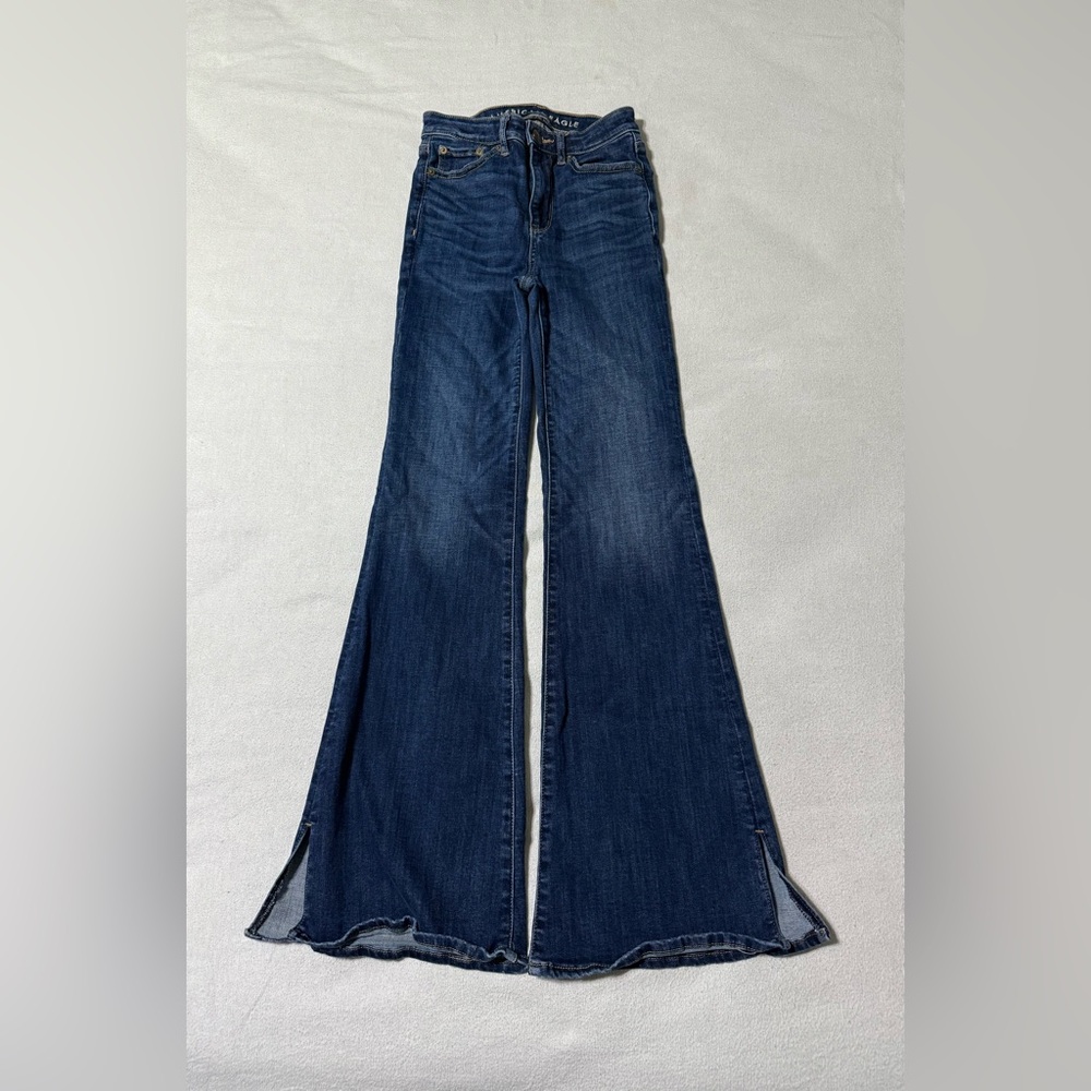 American Eagle Jeans Women's 00‎ Reg Blue Super High Rise Flare Stretch Denim
